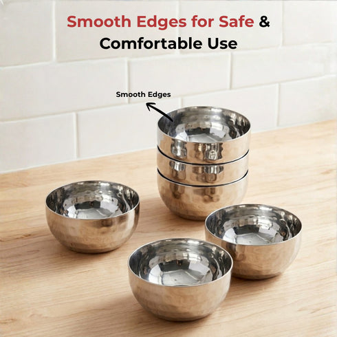 Vinod Stainless Steel Royal Hammered Bowl Set of 6 Pieces 100 ml High Grade Steel Scratch and Dent Resistant Dishwasher Safe No 5