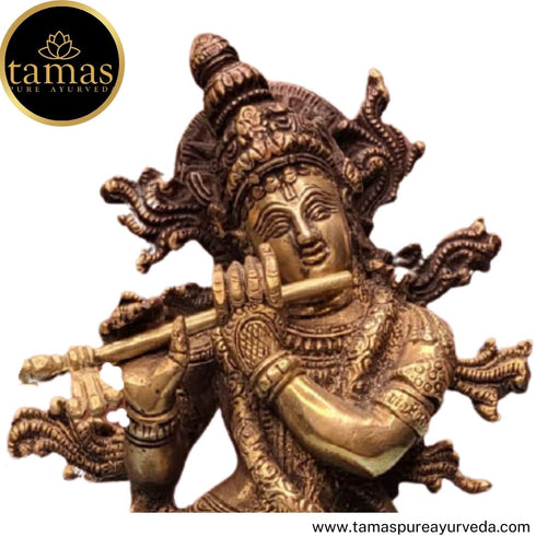 Tamas Brass Handcrafted Lord Krishna Bhagwan Playing Flute with Gau MATA Metal Murti Statue / Idol with Antique Finish ( Brown)