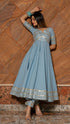 Pomcha Jaipur Powder Blue Pure Cotton Anarkali With Organza Dupatta Set