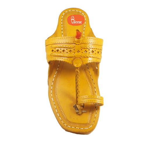 Vhaanfootwear Original Yellow Pure Leather Moja shape Handstitched Kolhapuri Chappal For Men Vhaan