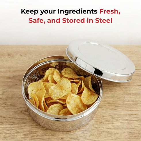 Vinod Stainless Steel Hammered Puri Dabba Set of 4 Capacity 300 ml 450 ml 650 ml 1000 ml Heavy Gauge Steel Airtight Lids Rust Free