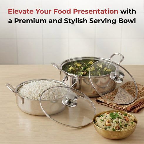 Vinod Stainless Steel Elite Bowl 2 Pcs Set with Glass Lid and Side Handles Highest Grade Stainless Steel Mirror finish Dishwasher Safe