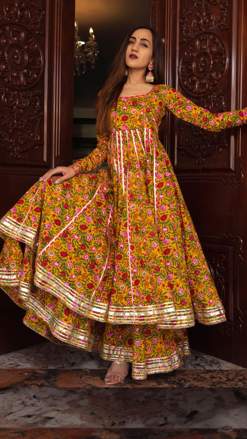 Pomcha Jaipur Yellow Cotton Hand Block Print Anarkali Plazo Set With Organza Dupatta
