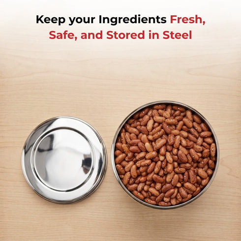 Vinod Stainless Steel Deep Dabba Set of 3 350 ml 500 ml and 750 ml in Heavy Gauge Steel Airtight Lids Mirror Finish Rust Free
