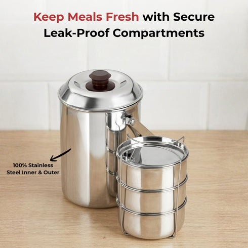 Vinod Stainless Steel Deluxe Hot Tiffin with 3 Compartment Insulated Rust Free Leak Proof Dishwasher Safe Strong and Tough