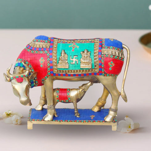 Brass Cow With Calf Stone Statue 13.44Kg