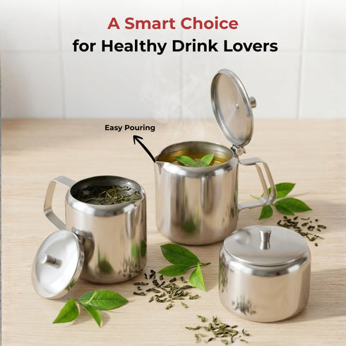 Vinod Stainless Steel 3 Pieces Jumbo Tea Set 1400 ml Tea Pot 250 ml Milk Pot and 250 ml Sugar Pot Highest Grade Steel Mirror Finish Rust Free