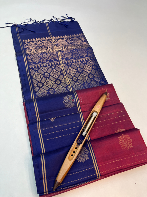 Prakruthi Swarnam Maroon with Navy Blue Double Warp Fancy Design Raindrop Pattern with Contrast Border Handloom Soft Silk Saree