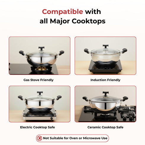 Vinod DONIV Stainless Steel Sandwich Bottom Solitaire Kadai With Glass Lid and Side handle Induction Friendly Capacity 4 Ltr 26cm