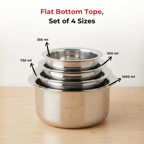 Vinod Stainless Steel Induction Friendly Flat Bottom Cooking Tope With 1.5mm Thickness 18 Gauge Durable Steel 4 Pcs Capacity 350ml 500ml and 750ml No 7 to 10