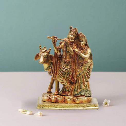 Brass Radha Krishna With Gaye God Statue 1.9Kg
