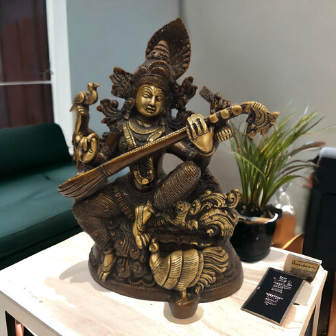 Tamas Brass Four Armed Saraswati Playing Veena Statue/Idol