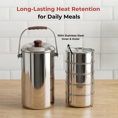 Vinod Stainless Steel Deluxe Hot Tiffin with 5 Compartments Insulated Rust Free Leak Proof Strong and Tough Dishwasher Safe