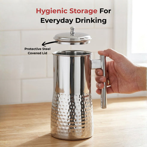 Vinod Stainless Steel Hammered Magnum Water Pitcher Jug with Cover 1700 ml Premium Stainless Steel Tough and Durable Dishwasher safe
