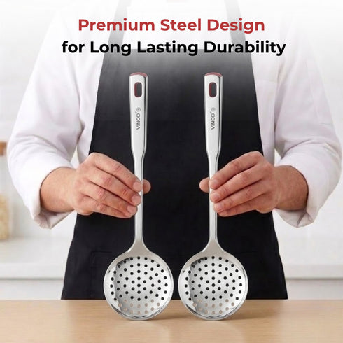 Vinod Stainless Steel Queens Perforated Skimmer Heavy Gauge Strainer Jhara 38.5 cm I Set of 2 I no 2