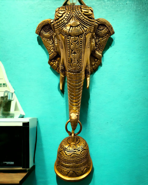 Tamas Brass Lord Ganesh/Ganesha Mask with Bell Wall Hanging Golden)
