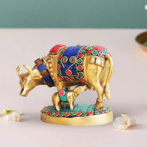 Brass Cow Stone Statue 1.1Kg