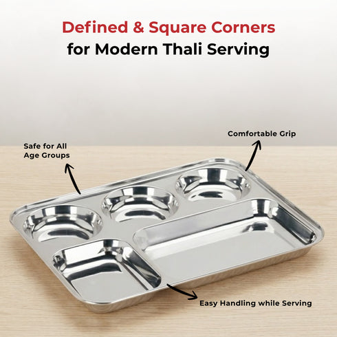 Vinod Stainless Steel 5 Compartment Plate with Round Edges Lunch and Dinner Plate Bhojan Thali High Quality Steel Rust Free Pack of 2