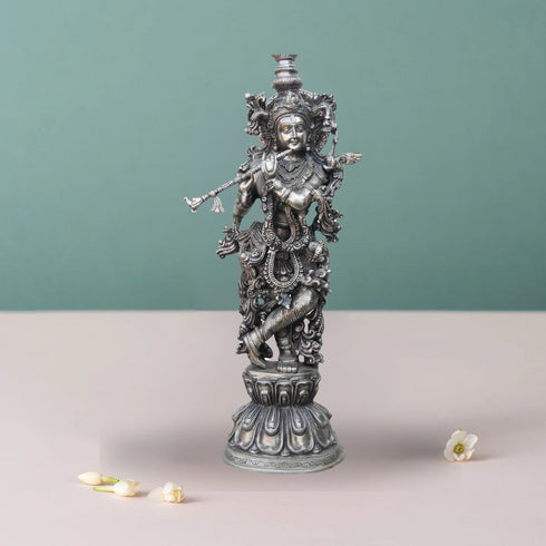 Brass Krishna Statue With Silver Antique Finish 11.335Kg