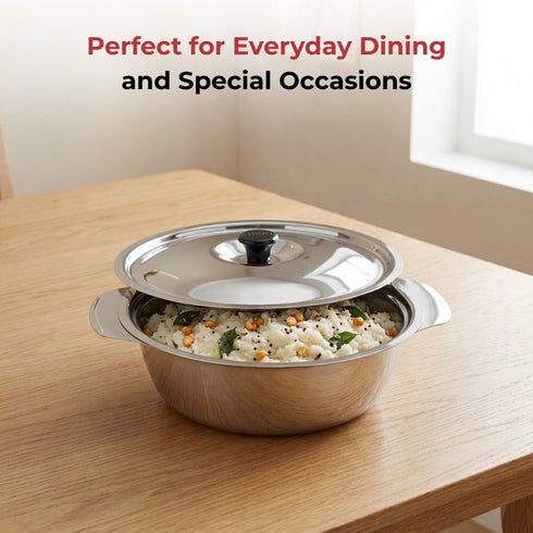 Vinod Stainless Steel Royal Veg Serving Dish with Cover 350 ml Capacity Highest Grade Stainless Steel Dishwasher Safe Tough and Strong