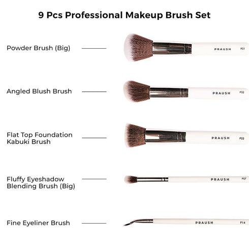 Praush 9 Pcs Professional Makeup Brush Set (Face + Eye)