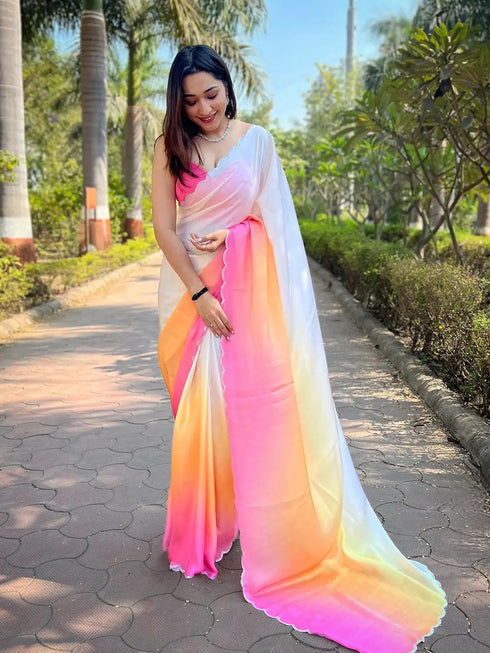 Vasthrlay Pink Satin Georgette Plain Saree