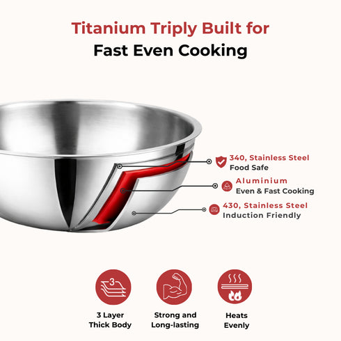 Vinod Doniv Titanium Triply Stainless Steel Tasla 24 cms 2.60 Liter Capacity Induction Friendly