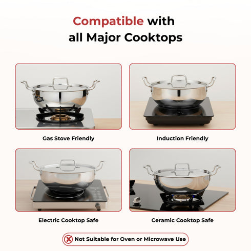 Vinod Doniv Stainless Steel Majestic Sandwich Bottom Kadai with Steel Lid 4.8 Liter 28 cm Induction Friendly
