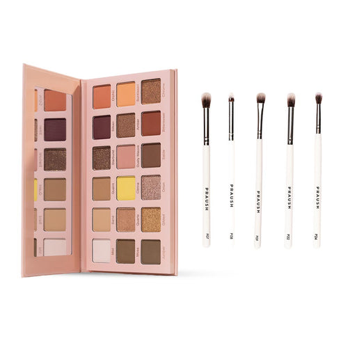 Praush Omni Nude Eyeshadow Palette + Eye Brush Set (5 pcs) Bundle