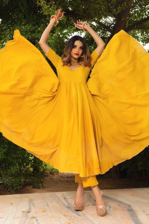 Pomcha Jaipur Rosemarry Yellow Cotton Anarkali Set With Cotton Lahariya Dupatta