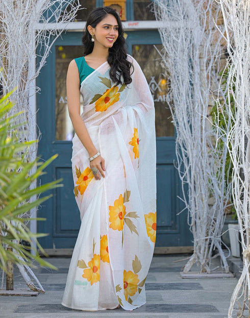 Sudathi Holi White Linen Floral Printed Saree