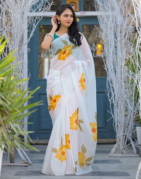 Sudathi Holi White Linen Floral Printed Saree