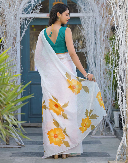 Sudathi Holi White Linen Floral Printed Saree