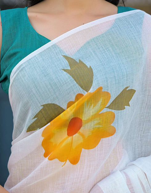 Sudathi Holi White Linen Floral Printed Saree