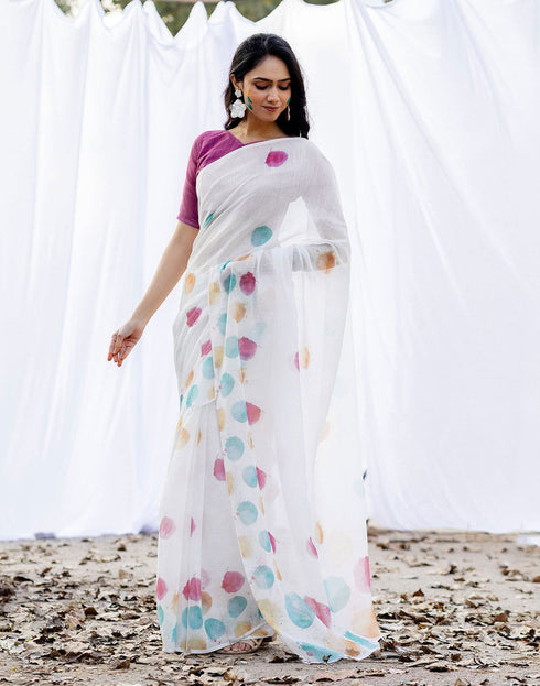 Sudathi Holi White Linen Printed Saree