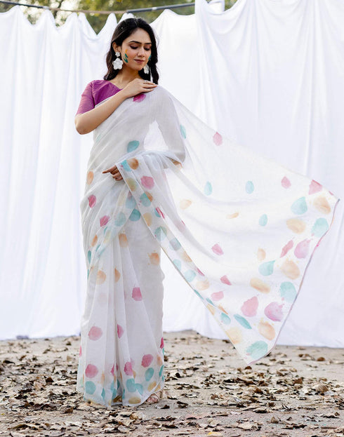 Sudathi Holi White Linen Printed Saree