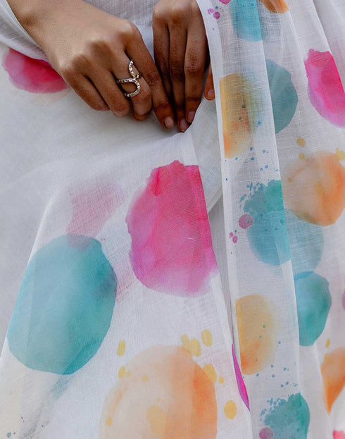 Sudathi Holi White Linen Printed Saree