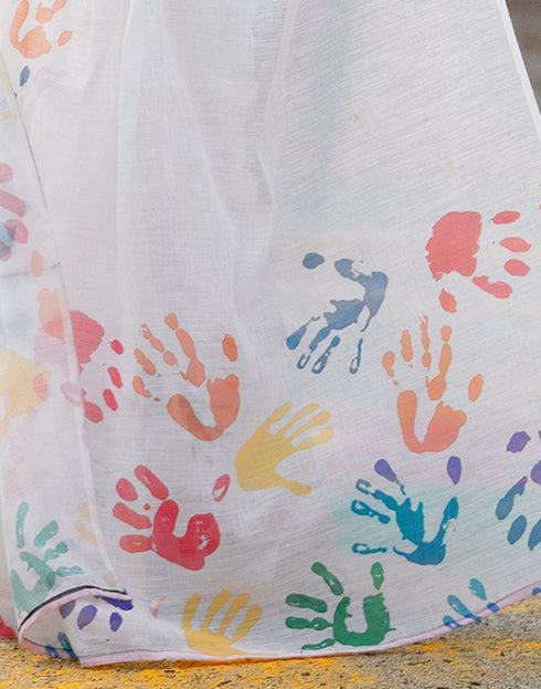 Sudathi Holi Off White Linen Printed Saree