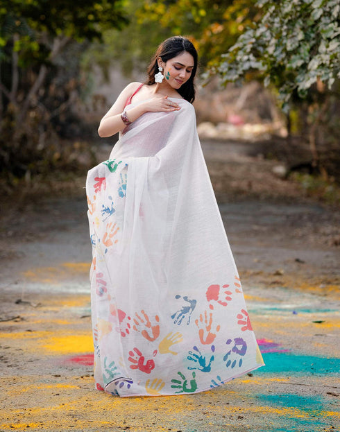 Sudathi Holi Off White Linen Printed Saree