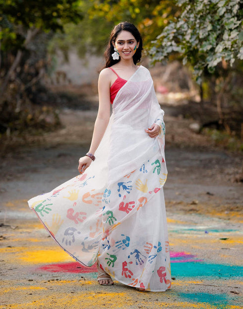 Sudathi Holi Off White Linen Printed Saree