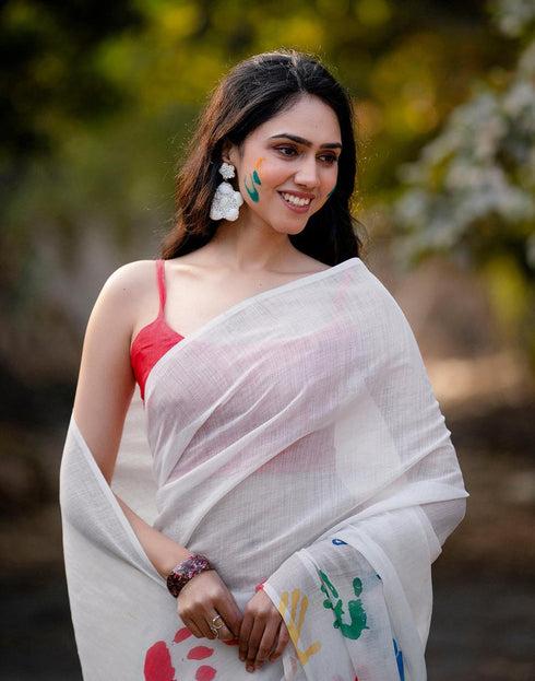 Sudathi Holi Off White Linen Printed Saree