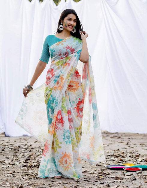 Holi Off White Linen Printed Saree