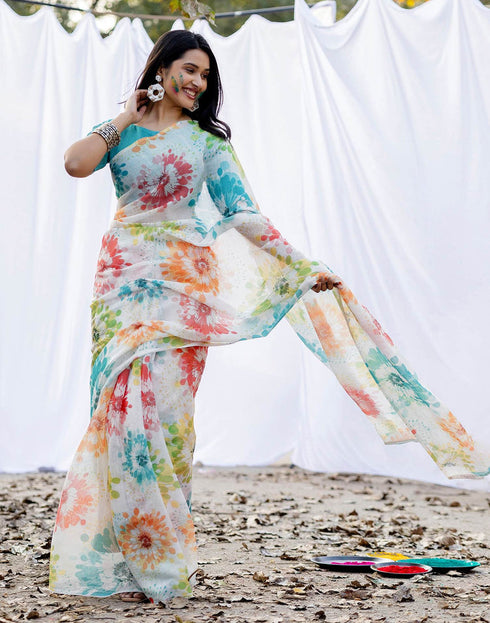 Holi Off White Linen Printed Saree