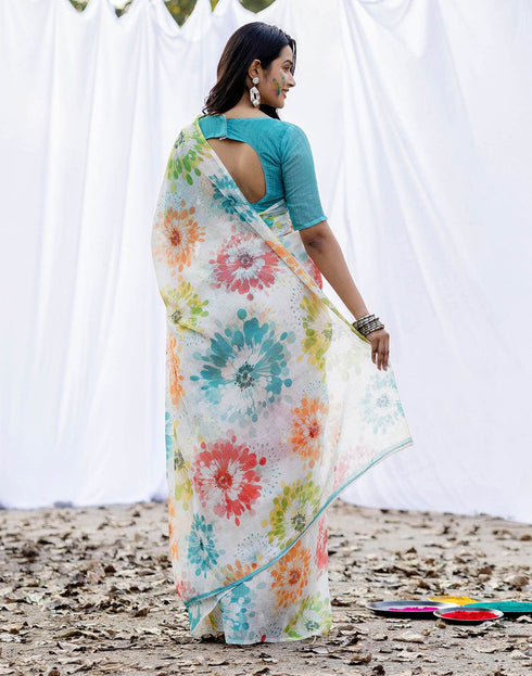 Holi Off White Linen Printed Saree