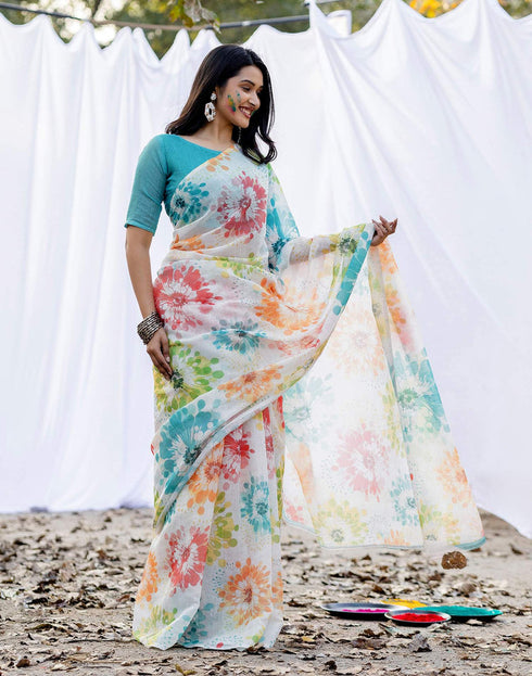 Holi Off White Linen Printed Saree