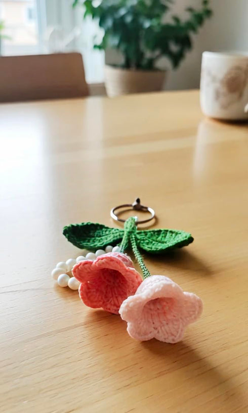 Handmade Crochet Tulip Keychain, Pink Floral Design with Pearl Beaded Loop and Ribbon Bow