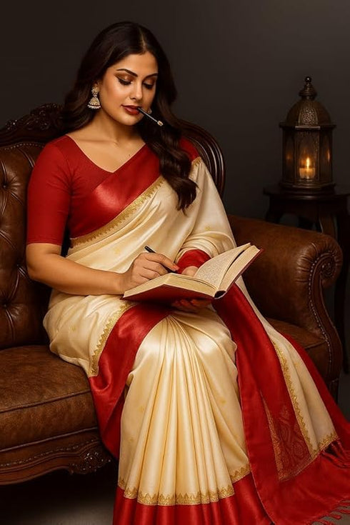 Vasthrlay Red Cream Bengali Gorod Sarees For Women Durga Puja Garad Silk Banarasi Kanjivaram Goroder Lal Border Sari