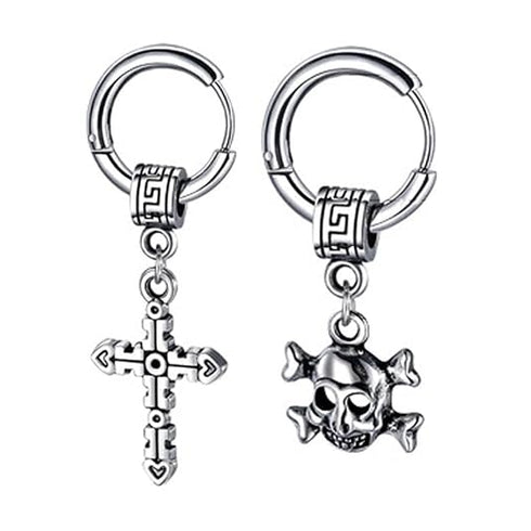 M Men Style Christ Jesus Cross With Gothic Skeleton Head Dangle Hoop Studs