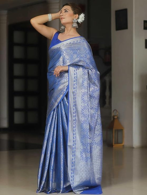 Vasthrlay Blue Banarasi Traditional Unstitched Saree