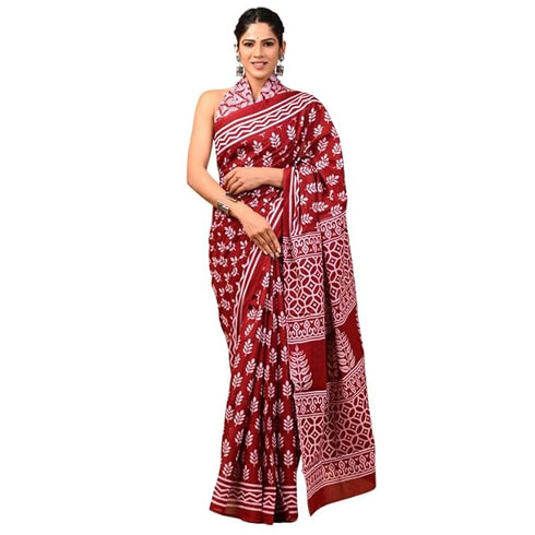 Leel Mulmul Cotton Fabric Beautiful Jaipuri Hand Block Printed Work Soft Cotton Saree